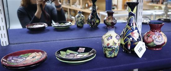 Three Moorcroft dishes, a pansy vase and a violet vase and another tallest 14cm (7)